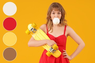 Beautiful woman with chewing gum and skateboard on yellow background. Different color patterns