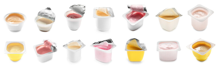 Set of different yogurts on white background