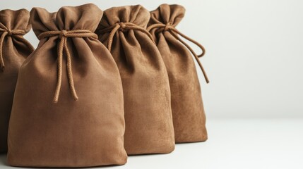 closeup brown canvas knotted bags on white background