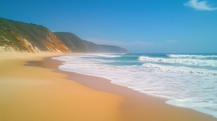 Obraz premium Coastal Beach Scene Waves on Sandy Shore, Cliffs, Sunny Sky