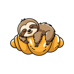  cute cartoon-style sloth peacefully sleeping on top of a large golden croissant