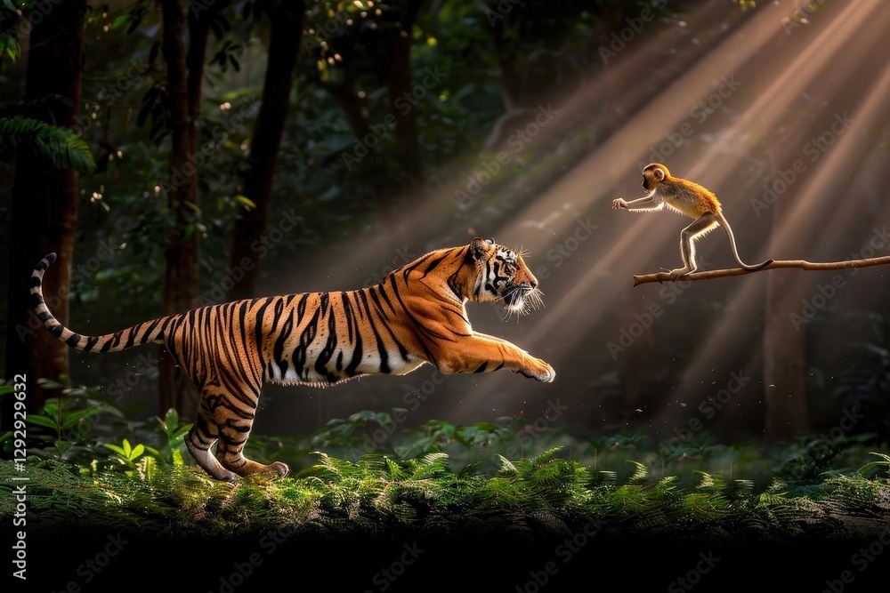 Poster a tiger leaps towards a monkey perched on a branch, illuminated by beams of sunlight filtering throu