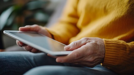 An older person is using a tablet computer with both hands