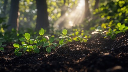 Sunrise forest seedlings sprouting, rich soil, nature growth