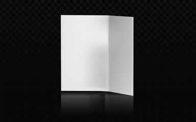 A white, blank, bi-fold brochure is presented against a dark, checkered background. The brochure is depicted with a realistic 3D effect, showing its folded structure and subtle shading. The background