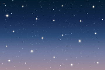 Dark winter night sky with glowing blue-purple gradient, shining stars, celestial constellations, and abstract nebula patterns. Vector design of magical cosmos backdrop