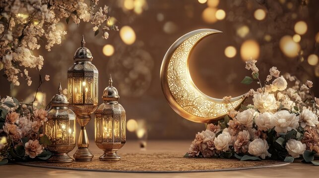 Ramadan lanterns, crescent moon, flowers, bokeh background, festive scene