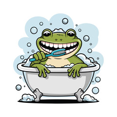 A cheerful cartoon-style frog sitting in a vintage clawfoot bathtub filled with bubbly foam