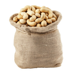 Burlap sack filled with roasted peanuts isolated on a transparent background.