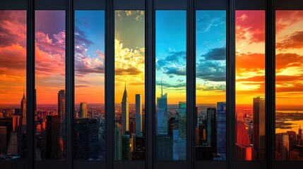 Vibrant sunset cityscape viewed from skyscraper windows