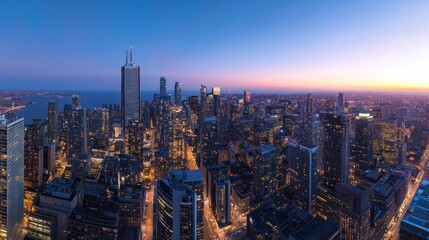 Cityscape twilight panorama, aerial view, lakefront sunset, urban sprawl, travel