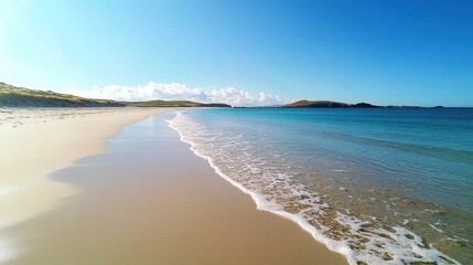 Obraz premium Tranquil beach wave, sunny isle, clear sky, calm ocean, travel