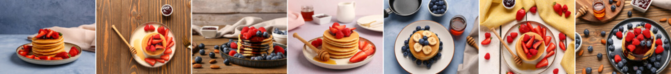 Collage of sweet pancakes with fruits and berries