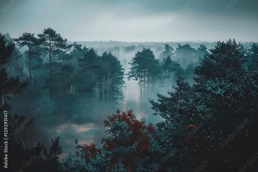 Poster a misty forest landscape with towering trees, creating a serene and moody atmosphere under a cloudy 