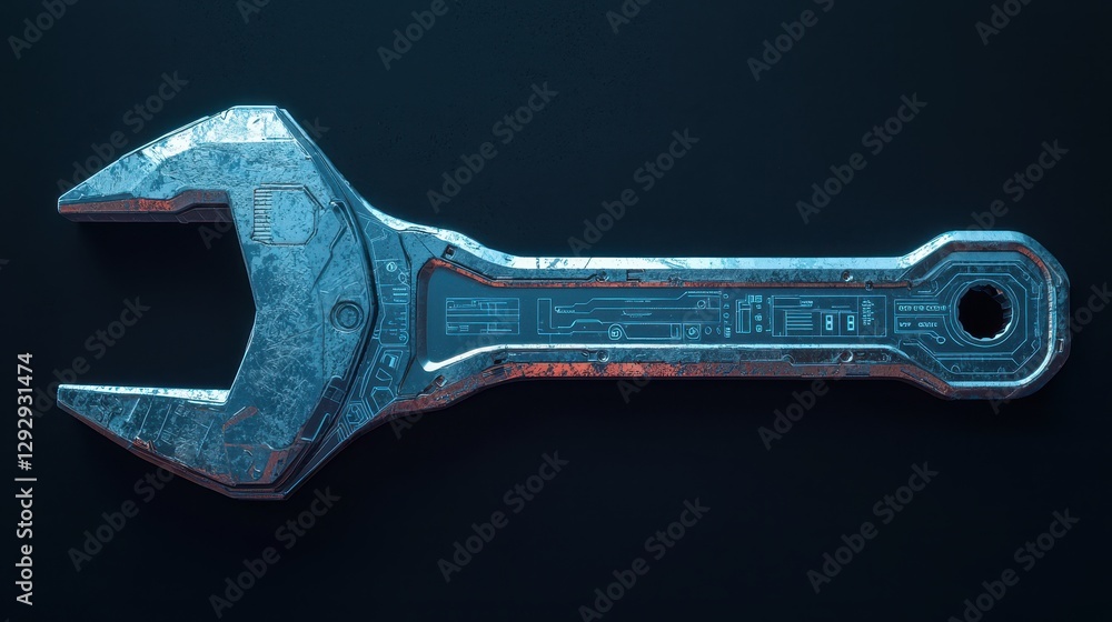 Aufkleber futuristic adjustable wrench with technological patterns and neon glow on dark background