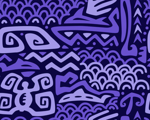 Polynesian motifs. Tiki seamless pattern. Aztec textile print.Geometric, vector background. Suitable for printing on fabric and paper, for parties. 