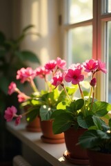Obraz premium Sunlit Windowsill with Vibrant Pink Flowering Plants in Terracotta Pots