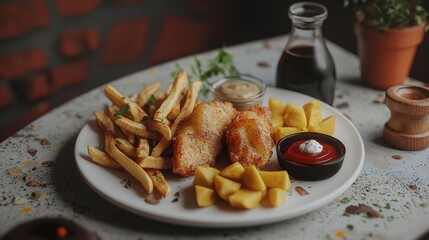 A delicious plate featuring fried fish, fries, and condiments, ideal for a casual meal.