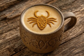 Golden Spider Design On Coffee Drink In Rustic MugAndTableware