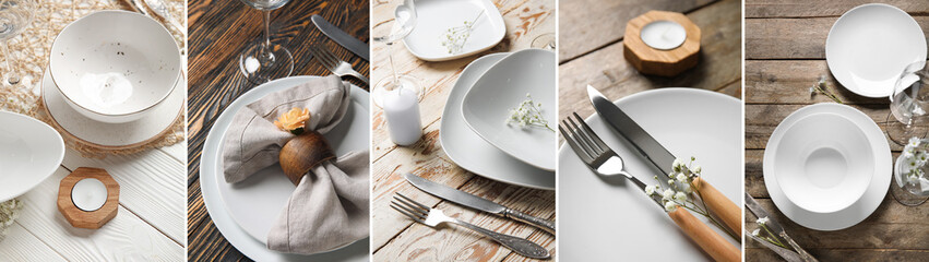 Collage of beautiful table settings with white dishes on wooden background