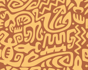 Polynesian motifs. Tiki seamless pattern. Aztec textile print.Geometric, vector background. Suitable for printing on fabric and paper, for parties. 