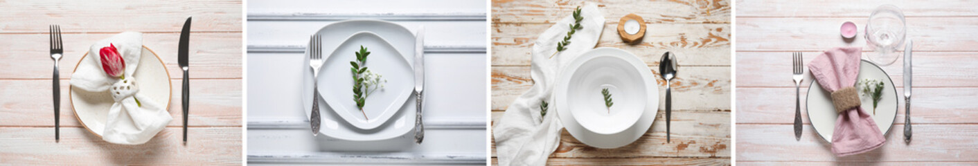 Collage of beautiful table settings with white dishes on wooden background, top view