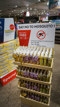 Denpasar, Bali, Indonesia - January 18, 2025: Display with various kinds of mosquito repellents at Gusti Ngurah Rai International Airport