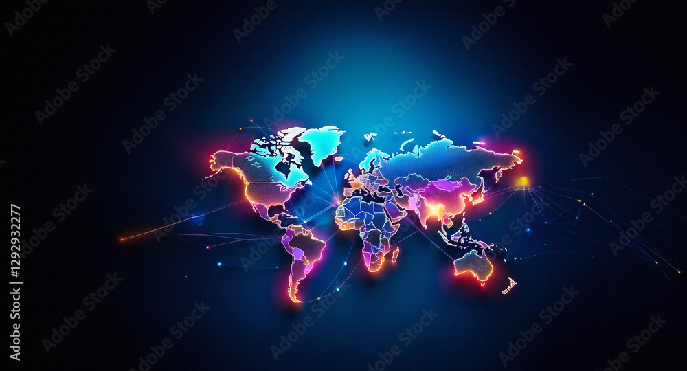 Poster glowing world map with illuminated continents and connecting lines on a dark blue backdrop, symboliz