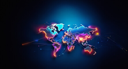 Glowing world map with illuminated continents and connecting lines on a dark blue backdrop, symbolizing global connections and network.