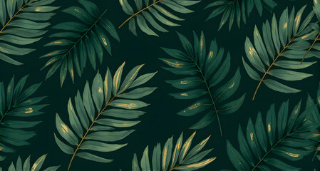Tropical Palm Leaves Pattern on Dark Green