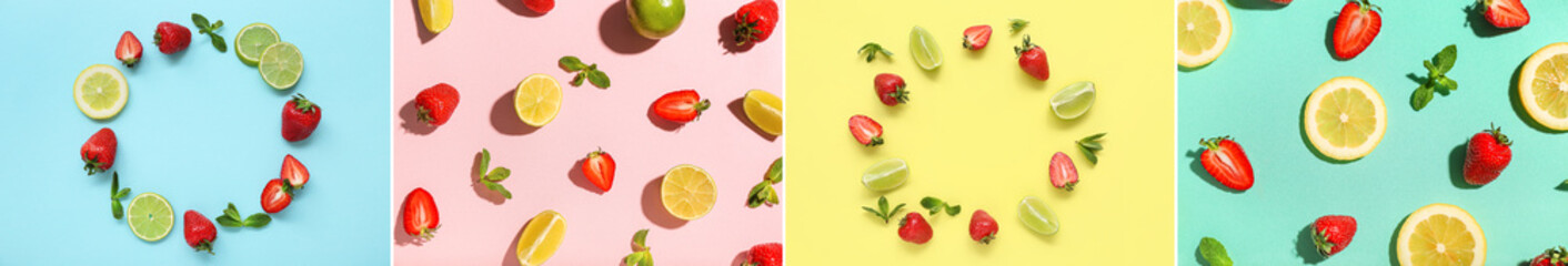 Collage of many strawberries, lemons, limes and mint on color background, top view