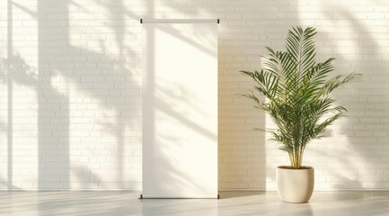Blank Roll Up Banner in Modern Room with Plant