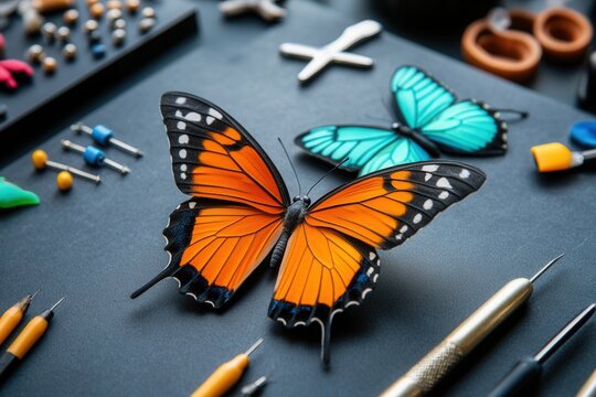 Handmade Butterfly Craft Displayed With Tools