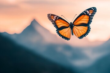 Obraz premium A lone butterfly flying toward a distant mountain range under a dramatic orange and purple sunset sky