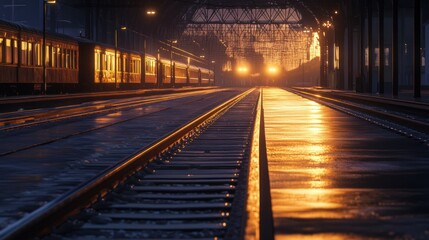Night train departing station, wet tracks, city lights