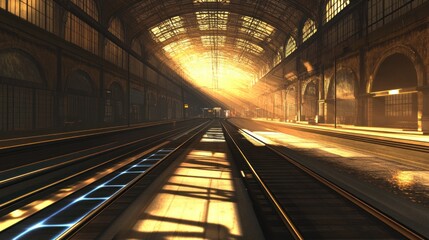 Sunlit train station platform, tracks, waiting, arches, morning, travel, transportation, industrial