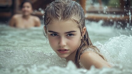 Fototapeta premium Girl playing in water park wave pool, friend in background
