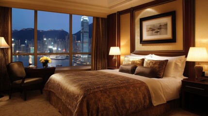 a cozy hotel room with a king-size bed, large windows offering a city view, and stylish contemporary furnishings