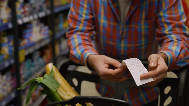 Senior man checking receipt and groceries in shopping cart