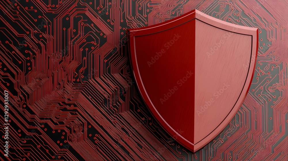 Poster a dark red metallic shield rests on a circuit board with copper-colored pathways, symbolizing digita