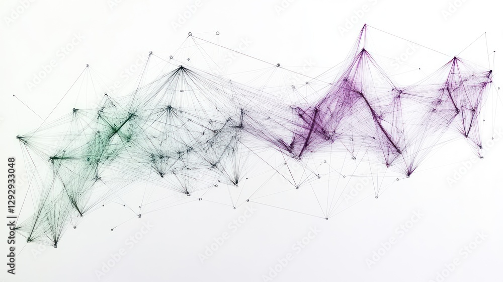 Poster abstract network graphic with interconnected nodes and lines in shades of green and purple.