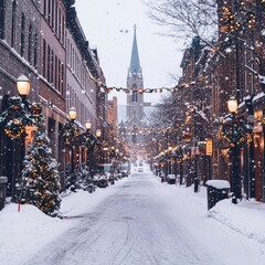 A panoramic view of a snowy street in Montreal, with festive decorations and a historic church in the background.