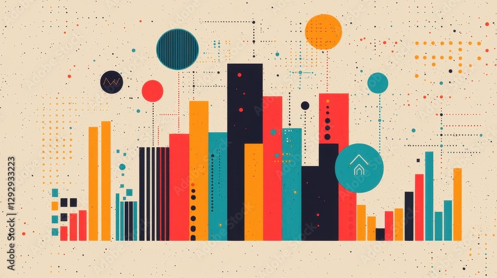 Poster colorful abstract shapes and bar graphs representing data visualization and modern design concepts