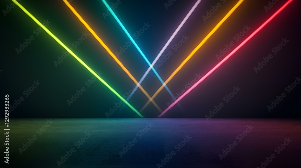 Poster the image contains five brightly colored neon lines converging at a central point above a dark, text