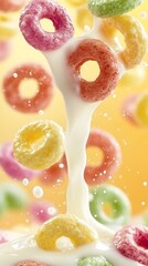 Colorful cereal rings falling into milk