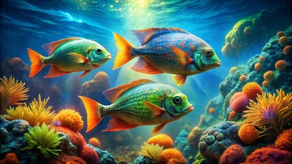 Obraz premium Vibrant Reef Inhabitants Three Jewel-toned Fish Gracefully Swim Amidst a Lush Underwater Garden of Colorful Coral and Sea Anemones