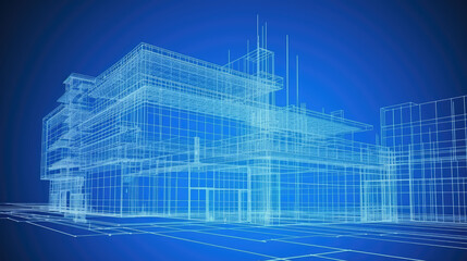 Detailed digital sketch design of a modern building showcasing structural elements and architectural features in a blue digital landscape