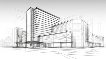 Building sketch design showcasing modern architecture with multiple levels and large windows in a serene outdoor setting