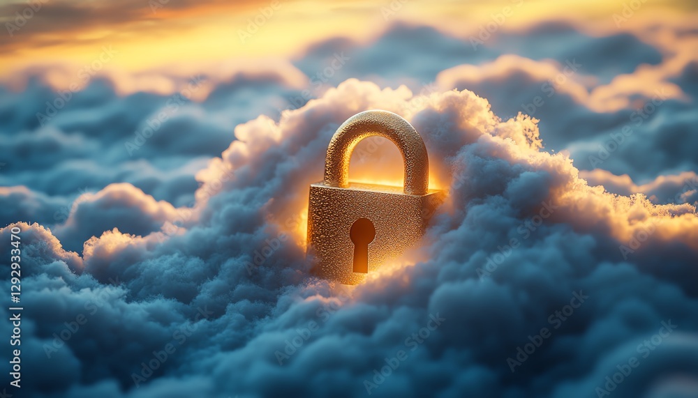 Poster a stunning image of a golden lock resting on a pristine white cloud, symbolizing data security, with
