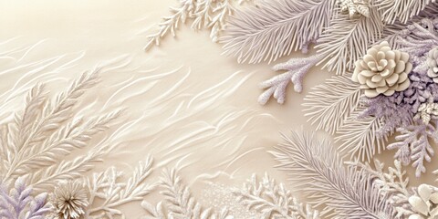 Floral Serenity: An artistic composition showcasing delicate textures and patterns of branches, leaves, and pine cones in a sophisticated and tranquil aesthetic.